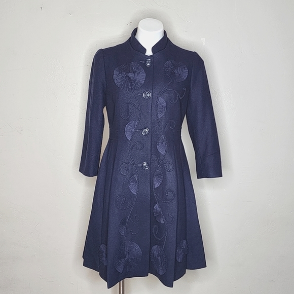 Anthropologie Jackets & Blazers - Elevenses for Anthropologie Blue Wool Blend Rosette Adorned Swing Coat Size 8